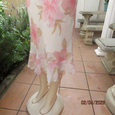 Cream sheer polyester maxi dress with pink and light brown floral print, size 34