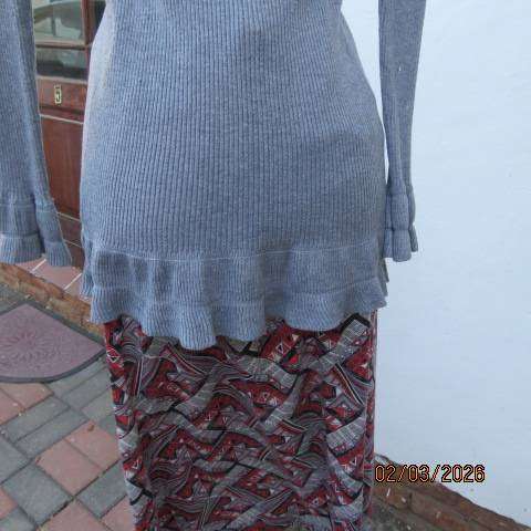 Light grey polyester knit long sleeve open cardigan with drawstring waist, size 36