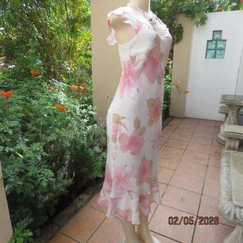 Cream sheer polyester maxi dress with pink and light brown floral print, size 34