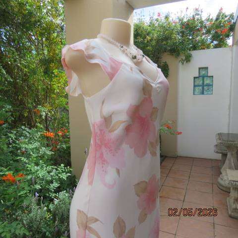 Cream sheer polyester maxi dress with pink and light brown floral print, size 34