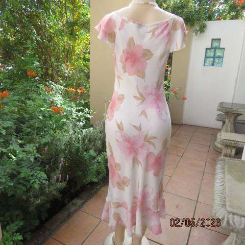 Cream sheer polyester maxi dress with pink and light brown floral print, size 34