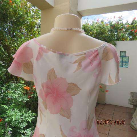 Cream sheer polyester maxi dress with pink and light brown floral print, size 34