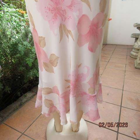 Cream sheer polyester maxi dress with pink and light brown floral print, size 34