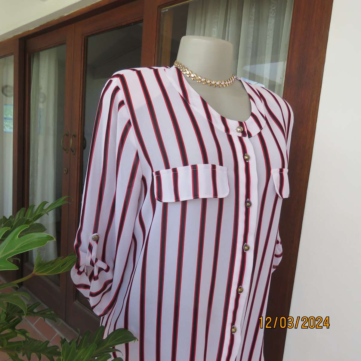 CONTEMPO sheer white polyester button down top with vertical black-red stripes.Size 36.As new