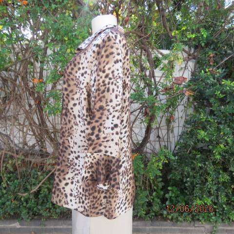 Animal print sheer polyester button-down top with open collar and elbow sleeves, size 40