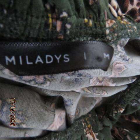 MILADYS pine green with cream-tan print slip over top. Elasticated frilled neckline. Size 40-42