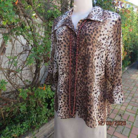 Animal print sheer polyester button-down top with open collar and elbow sleeves, size 40