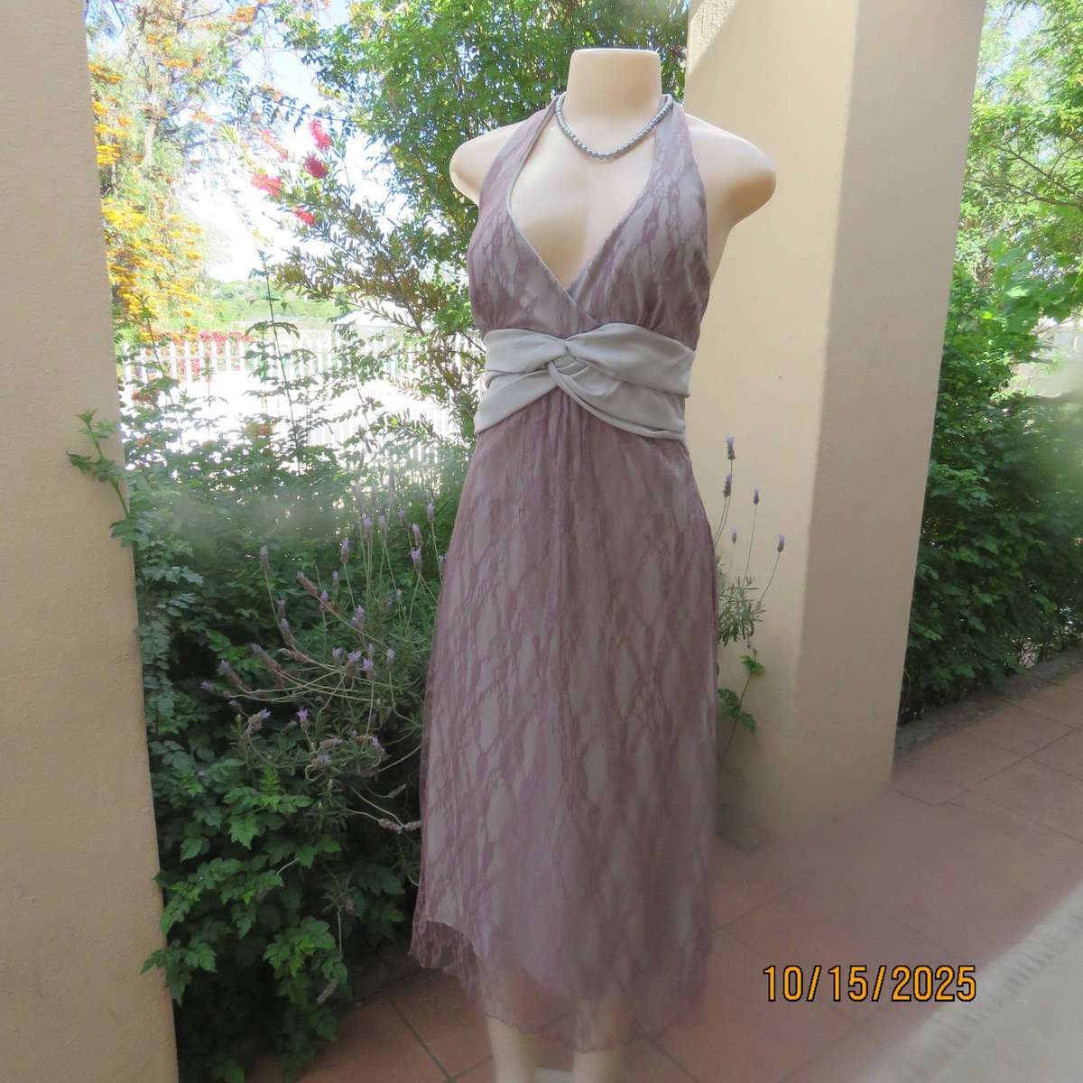 EVA pinkish fawn polyester lace halter neck lined dress. Size 36