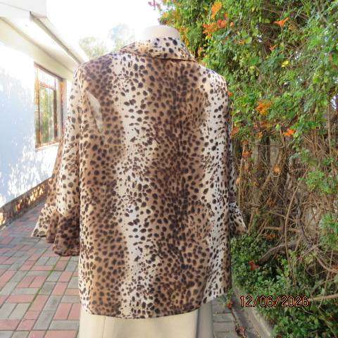 Animal print sheer polyester button-down top with open collar and elbow sleeves, size 40