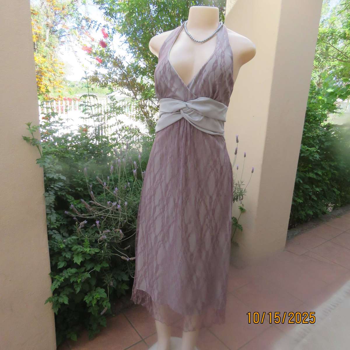 EVA pinkish fawn polyester lace halter neck lined dress. Size 36