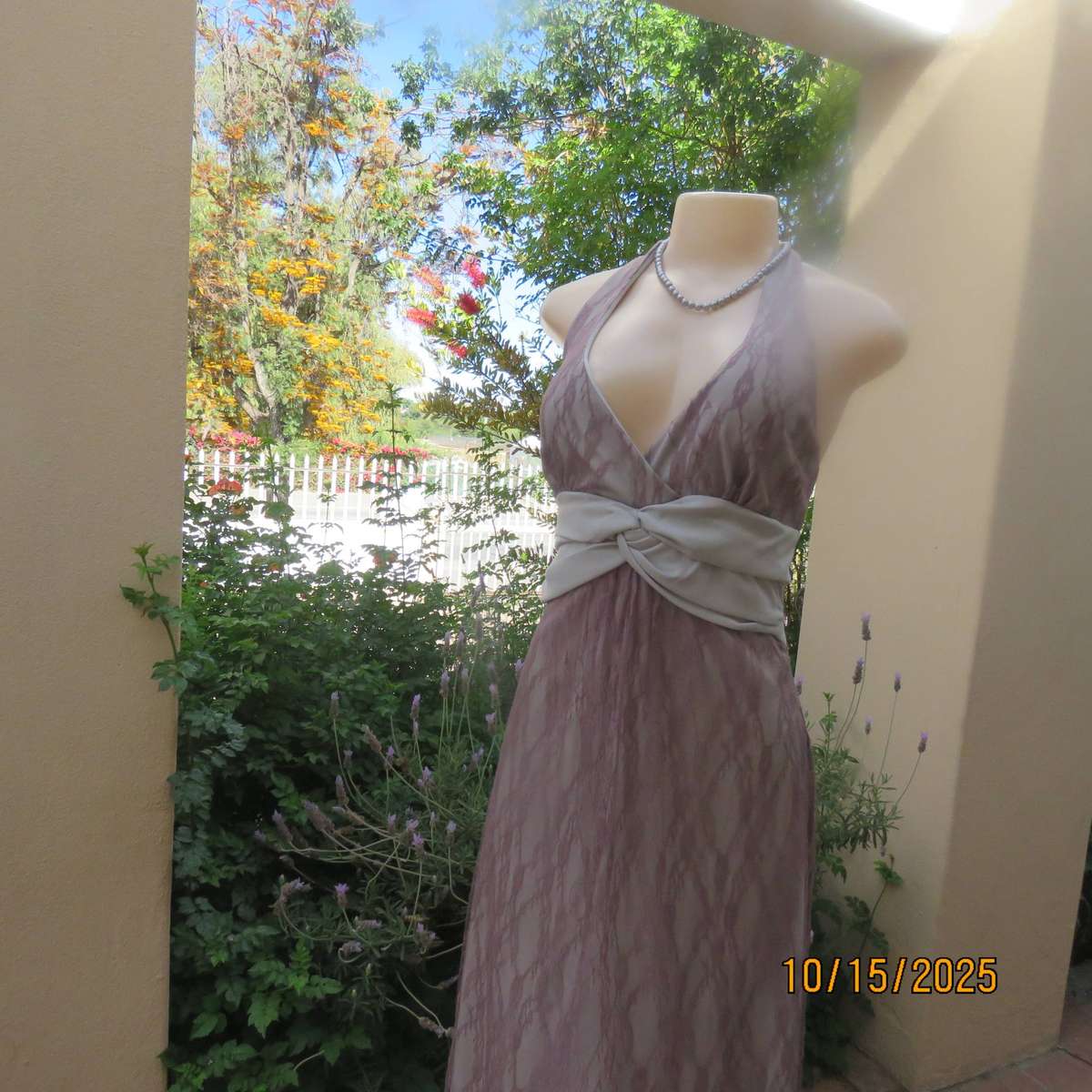 EVA pinkish fawn polyester lace halter neck lined dress. Size 36