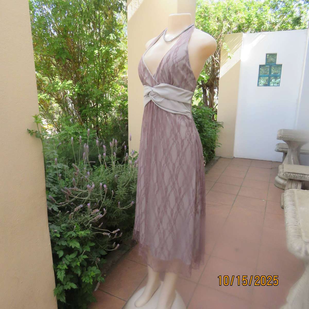EVA pinkish fawn polyester lace halter neck lined dress. Size 36
