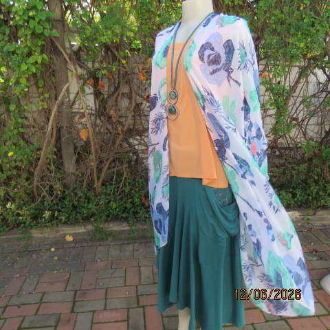 Miladys pale light blue cover-up long polyester open jacket with blue and jade flower print