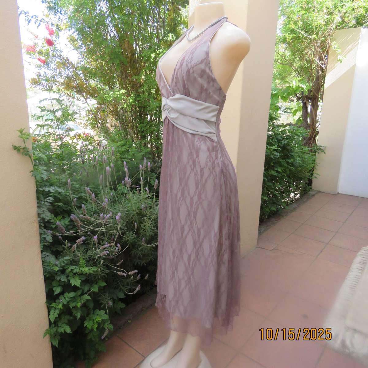 EVA pinkish fawn polyester lace halter neck lined dress. Size 36