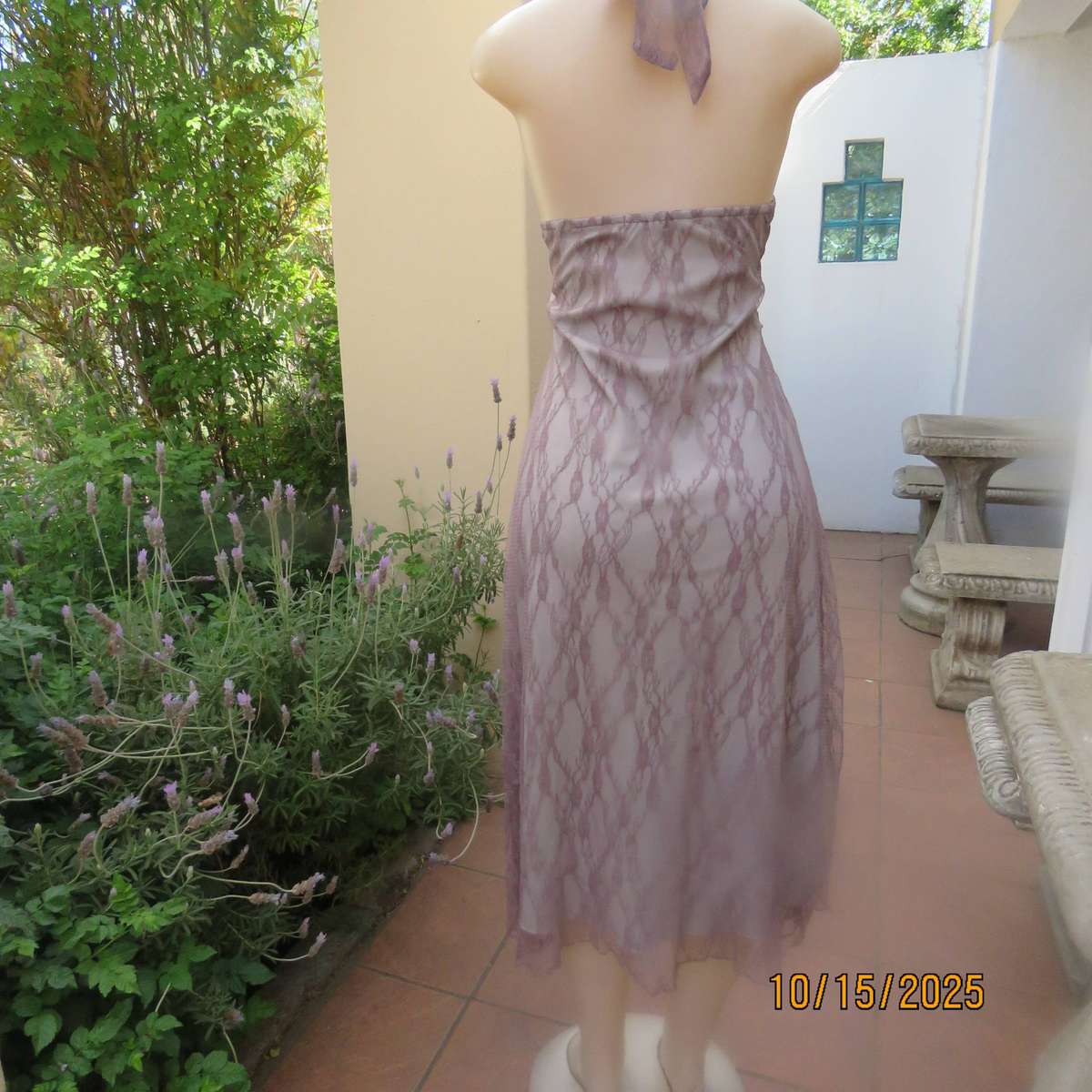 EVA pinkish fawn polyester lace halter neck lined dress. Size 36