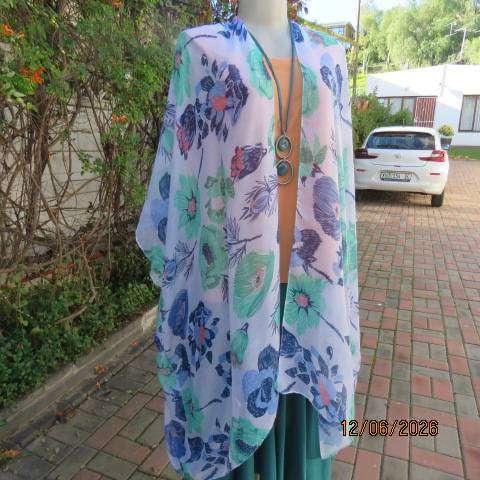 Miladys pale light blue cover-up long polyester open jacket with blue and jade flower print