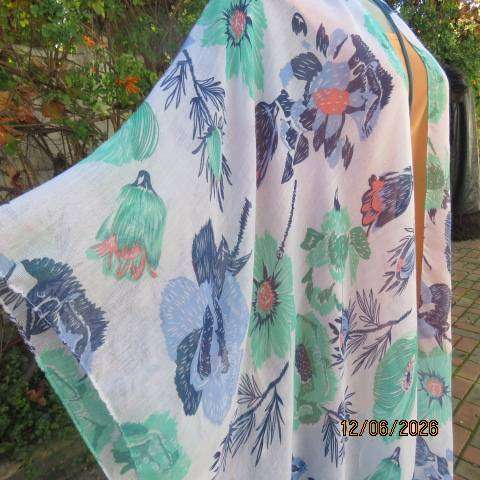 Miladys pale light blue cover-up long polyester open jacket with blue and jade flower print