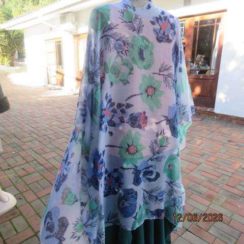 Miladys pale light blue cover-up long polyester open jacket with blue and jade flower print