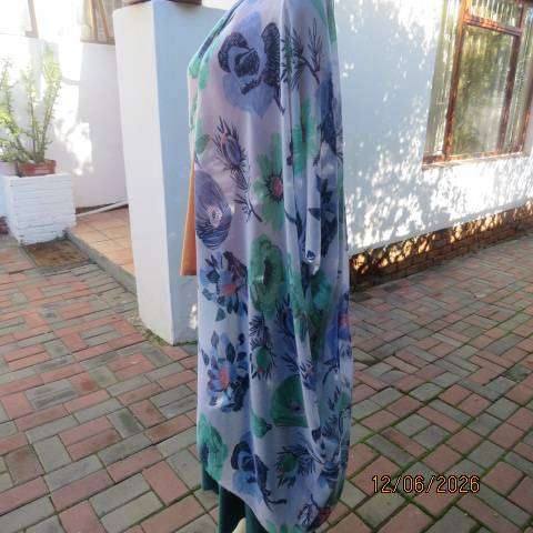 Miladys pale light blue cover-up long polyester open jacket with blue and jade flower print