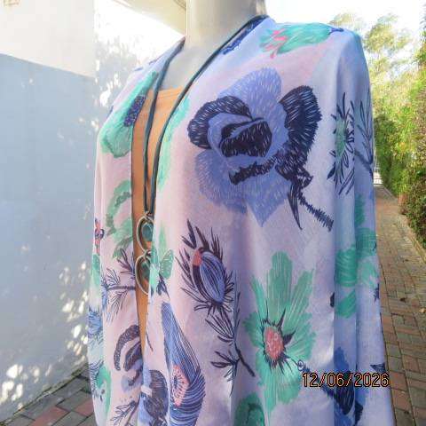 Miladys pale light blue cover-up long polyester open jacket with blue and jade flower print