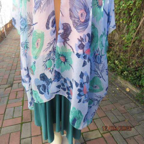 Miladys pale light blue cover-up long polyester open jacket with blue and jade flower print