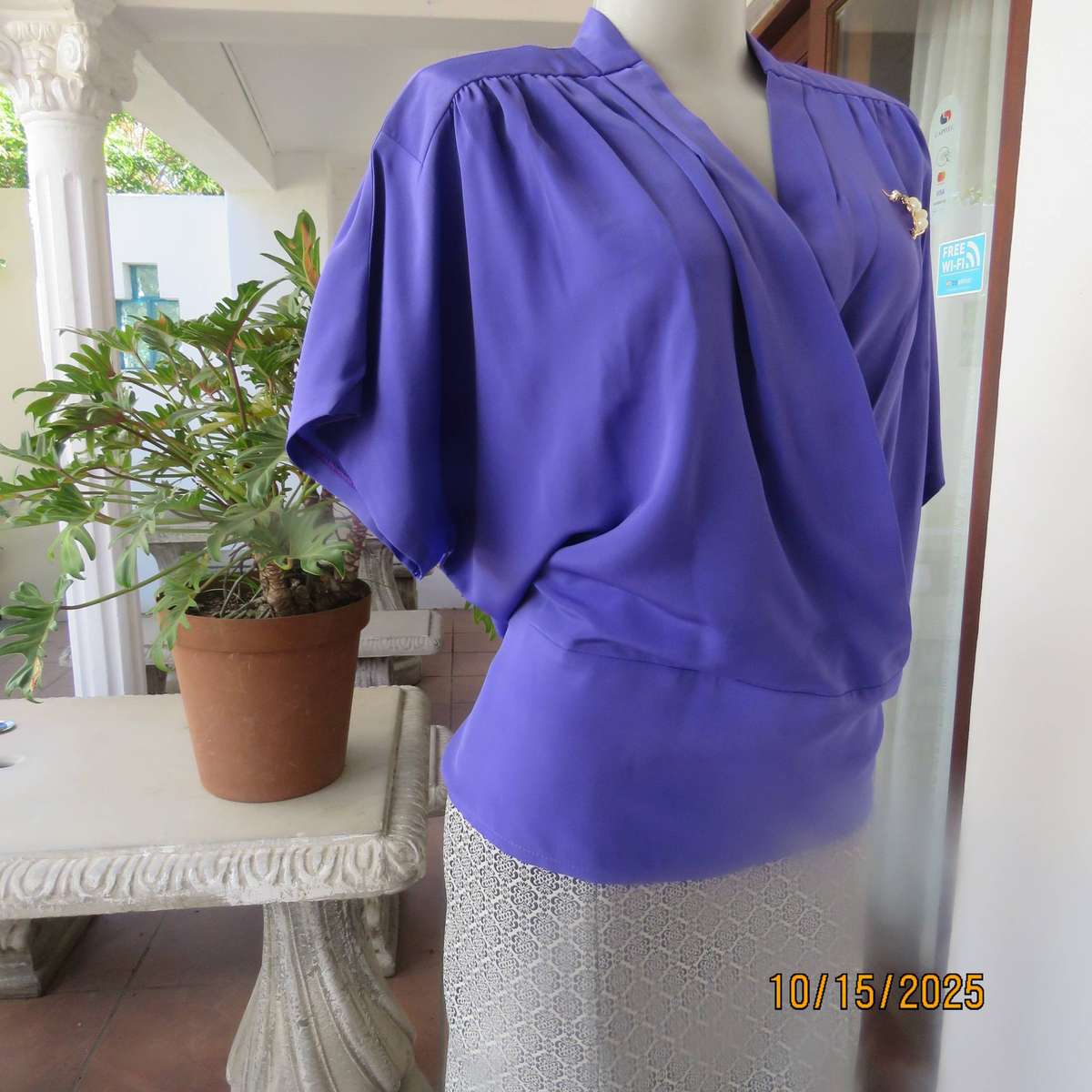 FAVIOLA violet colour cross over silky polyester slip over top size 40