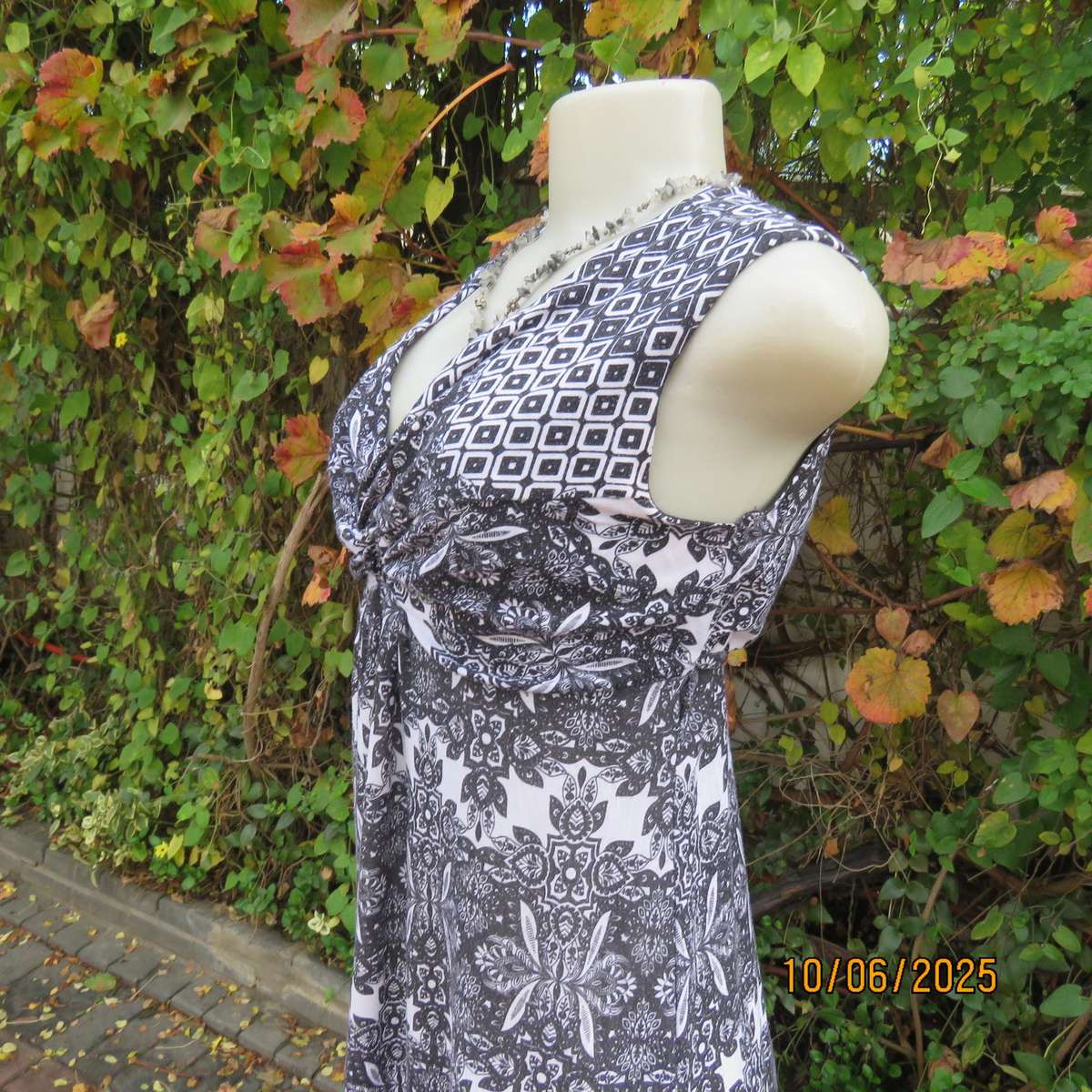 Empire style bohemian patterned maxi black-white dress. Polycotton stretch.Size 34