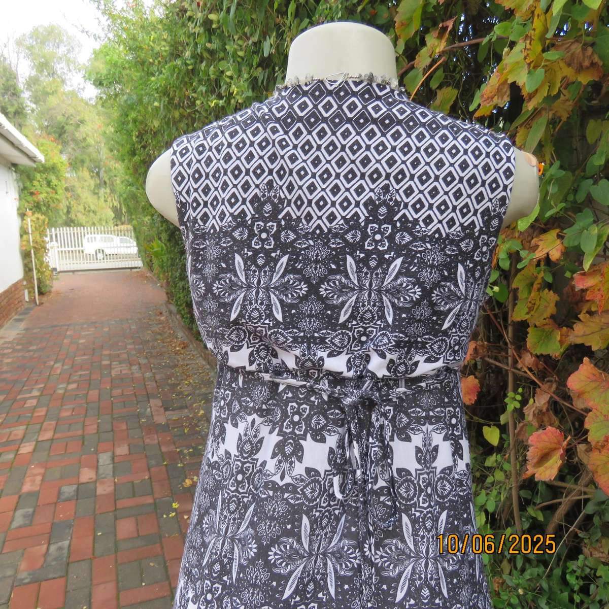 Empire style bohemian patterned maxi black-white dress. Polycotton stretch.Size 34