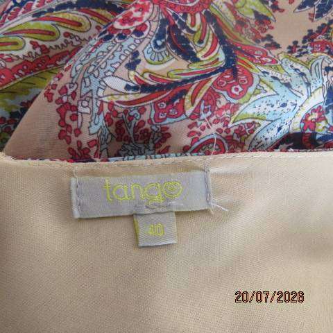 Tango cream polyester V-neck fully lined dress with paisley print in blue-green-red. size 40