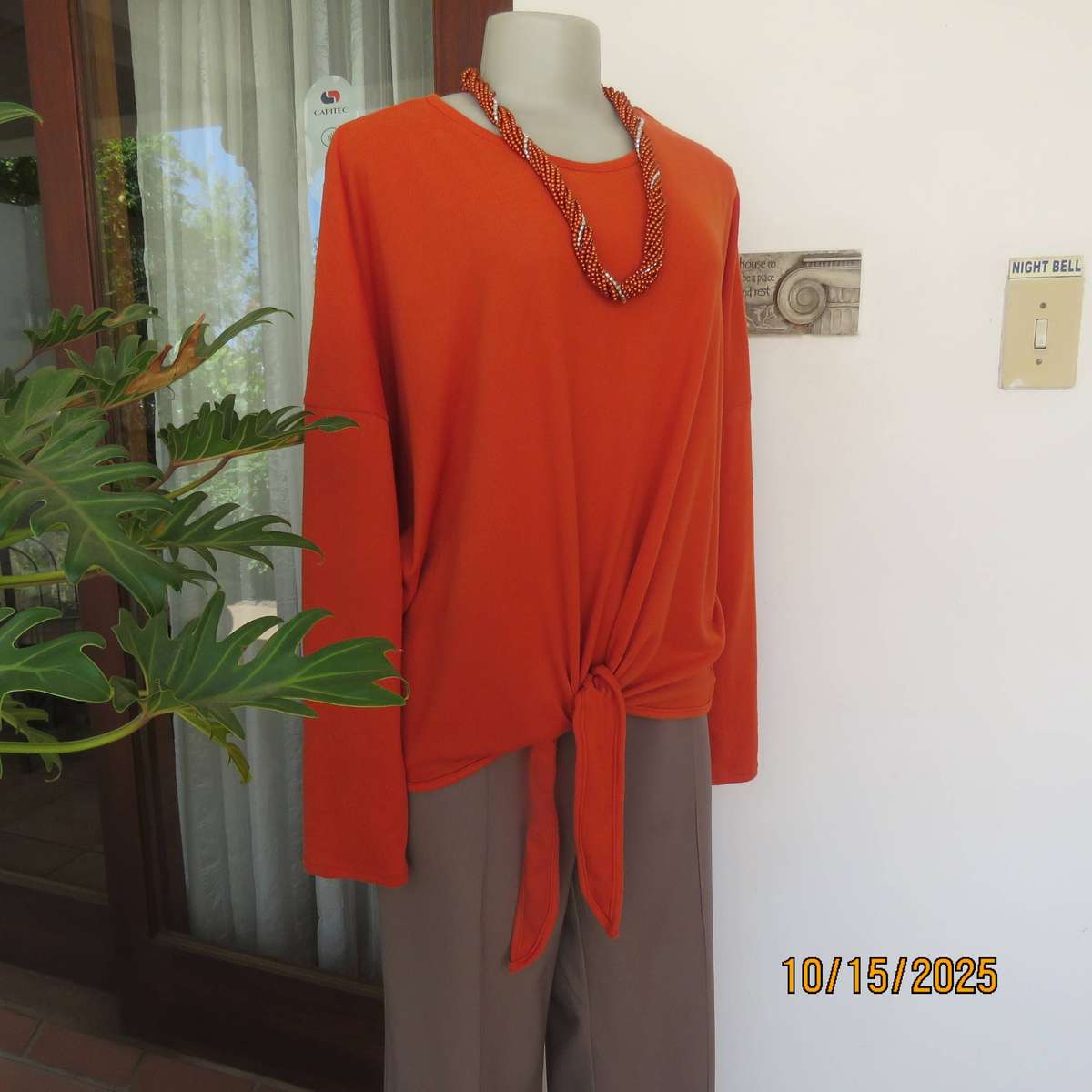 Burnt orange soft polyester knit slip over long sleeve top size 44