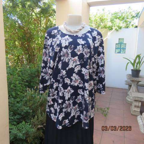 MILADYS navy polyester top with grey floral print and pink accents, size 46