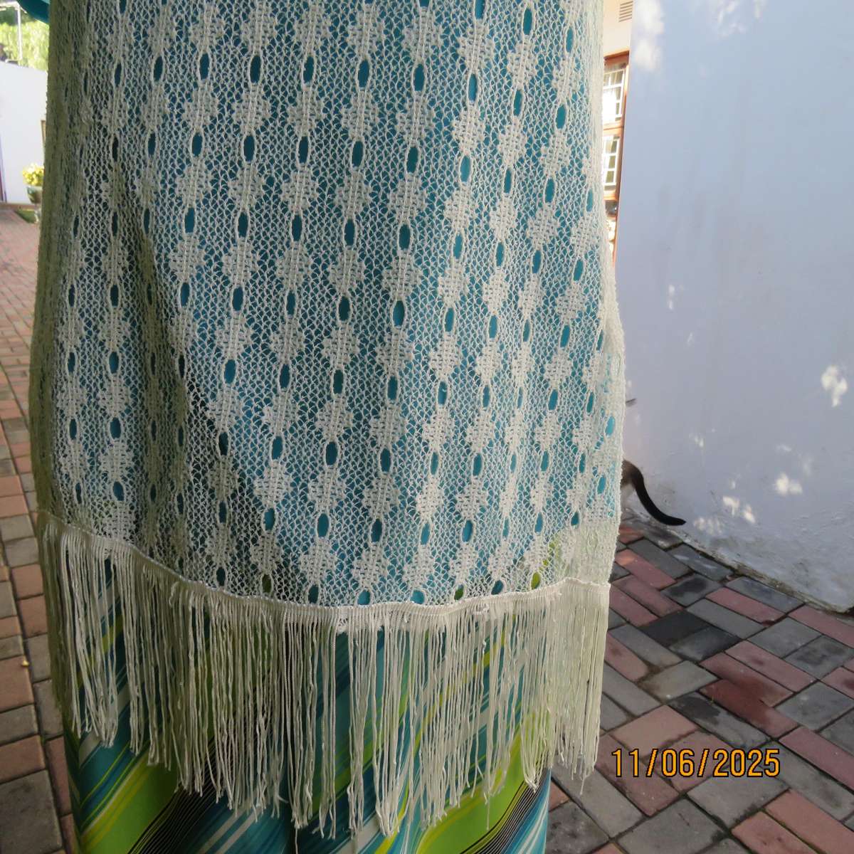 White lace knit polyester fringed gilet open hanging in size 34 by RED