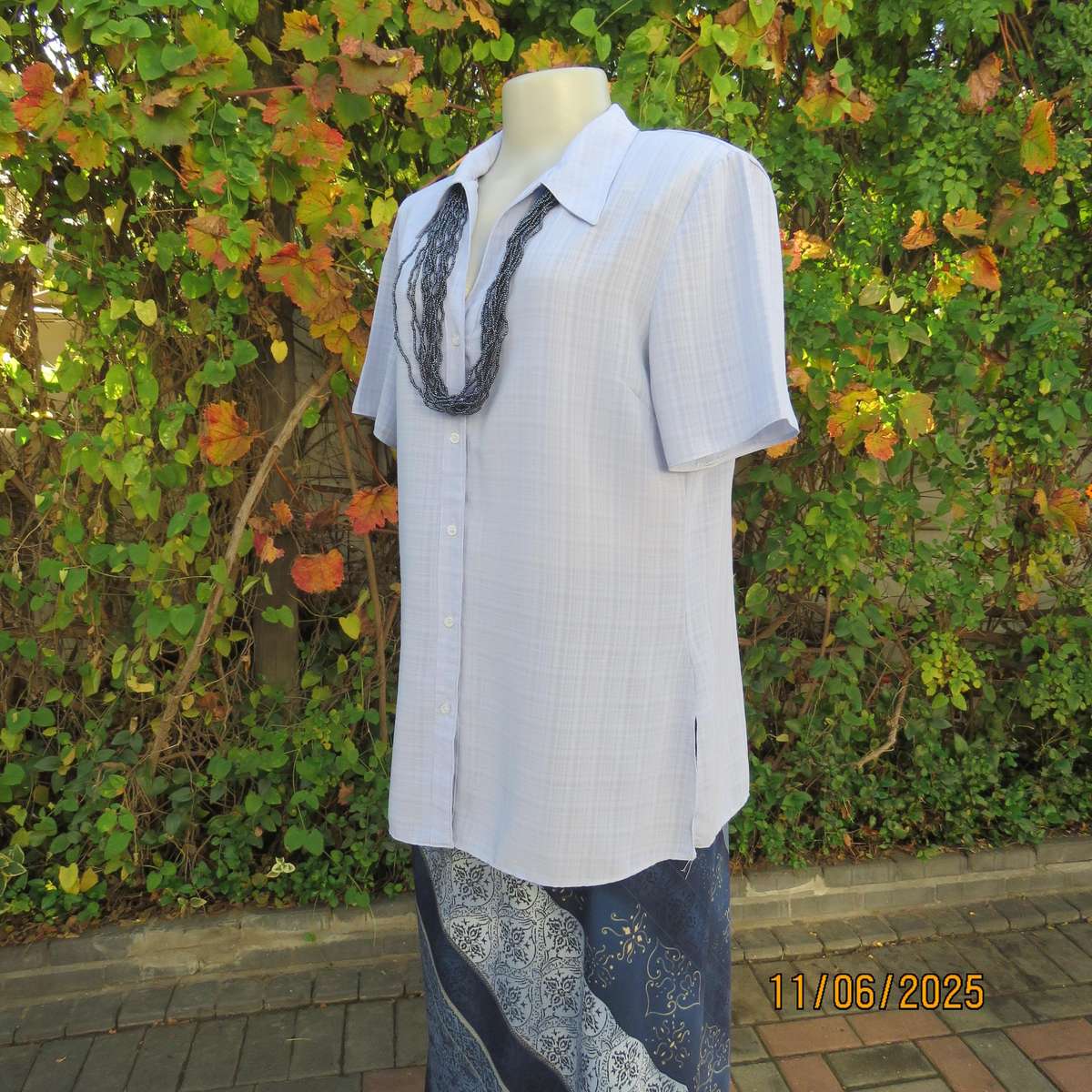 SUCCESS STORY skyblue check pattern opaque polyester short sleeve top. Size 38