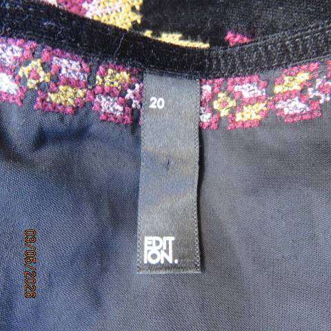 EDITION black velvet polyester long top with cross stitch embroidery, V neck, size 44