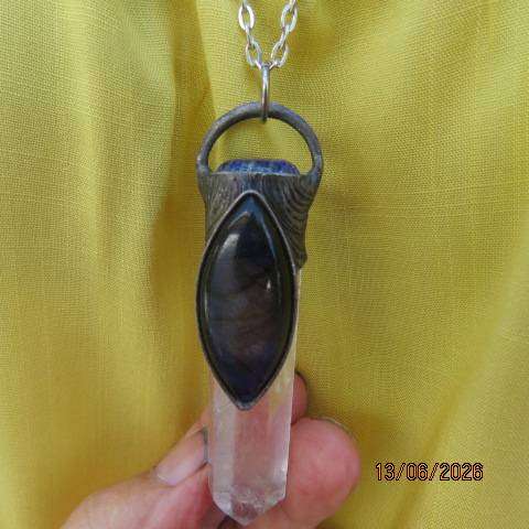Quartz crystal point pendant with blue labradorite cabochon and kyanite stone