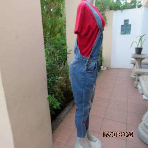 H&W jean dungaree with bib and adjustable straps. Distressed look with red rose embroidery. Size 36