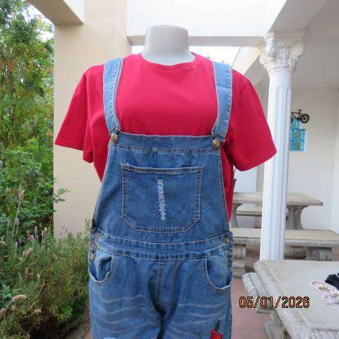 H&W jean dungaree with bib and adjustable straps. Distressed look with red rose embroidery. Size 36