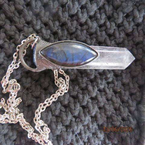 Quartz crystal point pendant with blue labradorite cabochon and kyanite stone