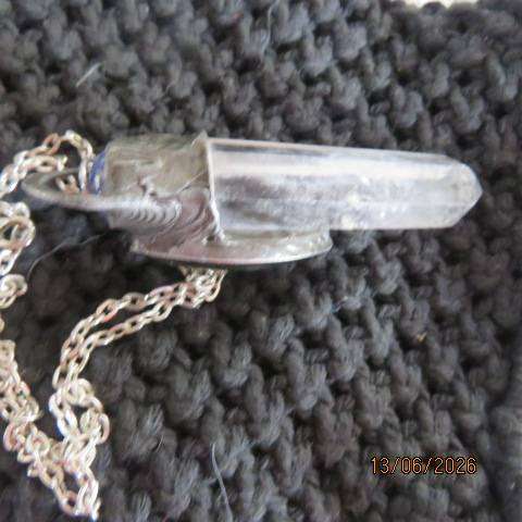 Quartz crystal point pendant with blue labradorite cabochon and kyanite stone