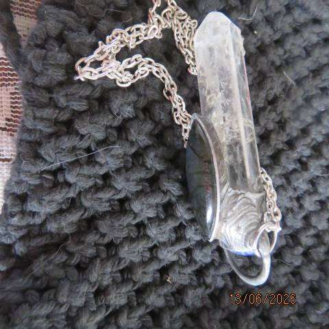 Quartz crystal point pendant with blue labradorite cabochon and kyanite stone