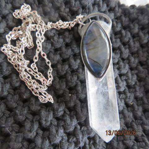 Quartz crystal point pendant with blue labradorite cabochon and kyanite stone
