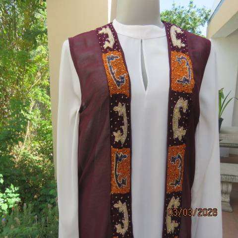 Richly Embellished Burgundy Sleeveless Sheer Polyester Gilet Size 36