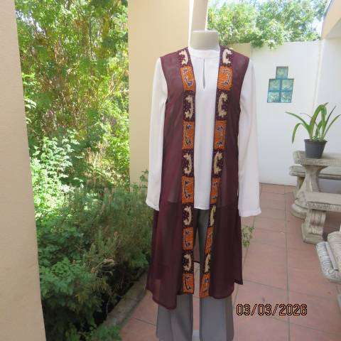 Richly Embellished Burgundy Sleeveless Sheer Polyester Gilet Size 36