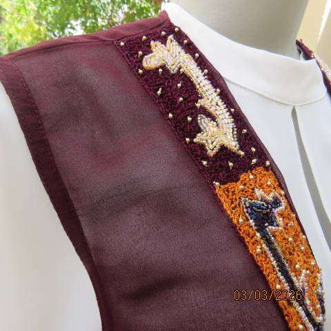 Richly Embellished Burgundy Sleeveless Sheer Polyester Gilet Size 36