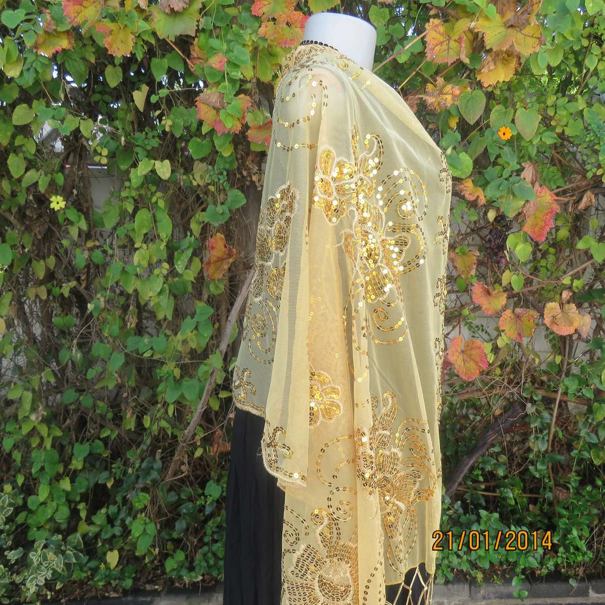 Gold colour sheer stole richly sequin decorated in floral-paisley pattern. 160cm x 65cm.