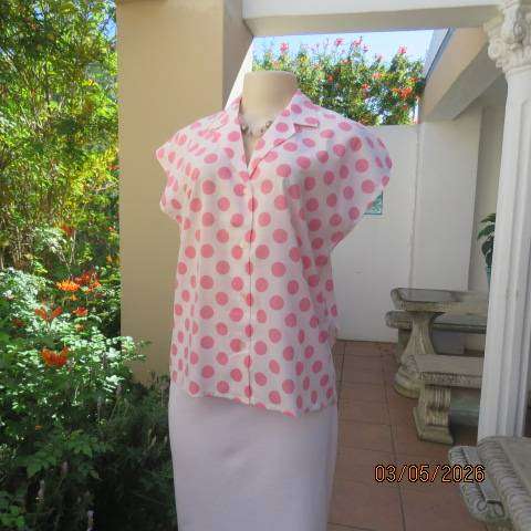 White polycotton button-down top with pink polka dots, open collar, size 38