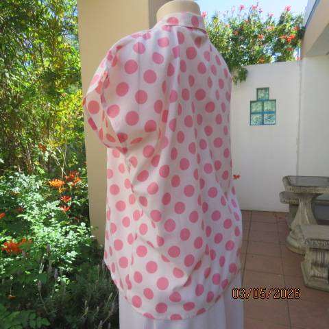 White polycotton button-down top with pink polka dots, open collar, size 38