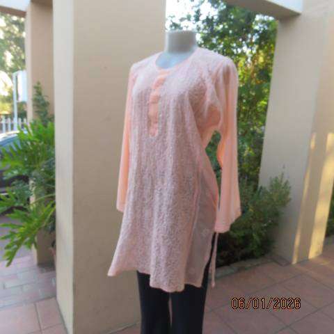 Richly embroidered soft apricot long sheer top from India. Three button front opening. Size 36