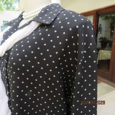 MERIEN HALL Black Polyester Long Sleeve Blouse with White Print, Size 42-44