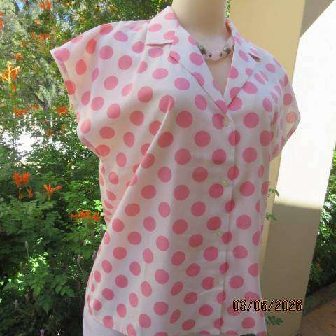White polycotton button-down top with pink polka dots, open collar, size 38